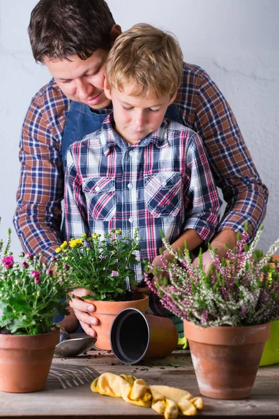 子供は父親が花を植えるのに役立ちます。家庭での家族の時間 — ストック写真