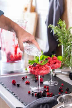 Karışım uzmanı evde taze buzlu içecek ya da buzlu içecek hazırlıyor.