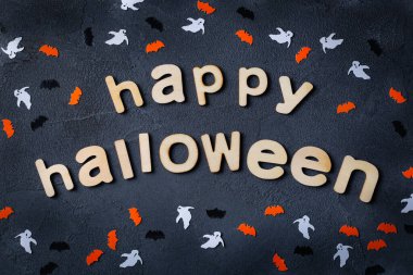 Cadılar Bayramı tebrik kartı hayaletler, örümcek ağı, balkabağı ve yarasalar