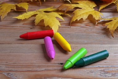 Boya kalemi ve akçaağaç yaprakları