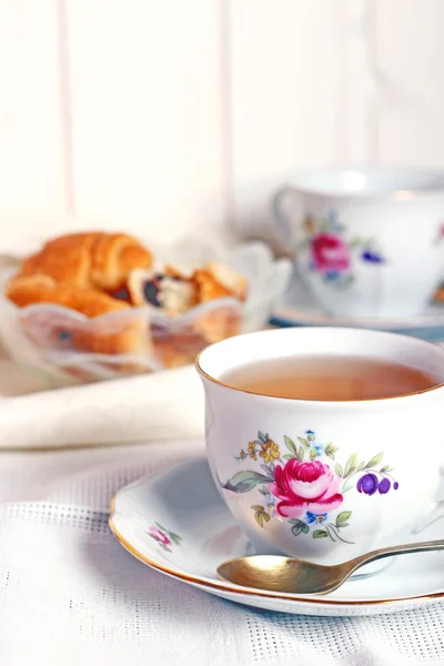 Five o'clock break with croissants and tea — Stock Photo, Image