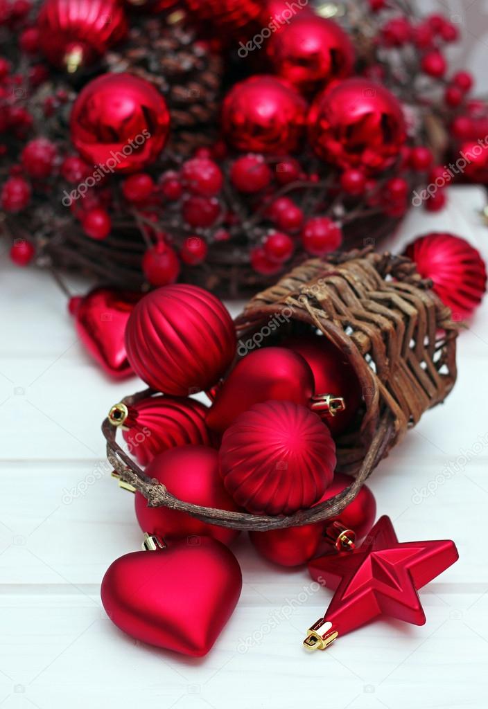 Christmas Decorations With Balls Basket And Ribbon Stock Photo