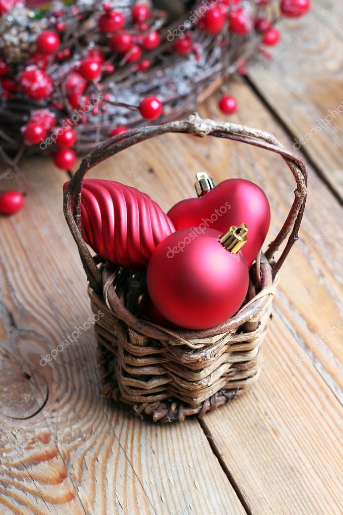 Christmas Decorations With Balls Basket And Ribbon Stock Photo
