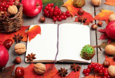 Sonbahar yaprakları ve hasat ahşap arka plan üzerinde