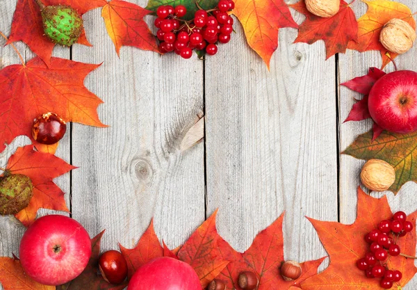 Feuilles d'automne et récolte sur fond de bois — Photo