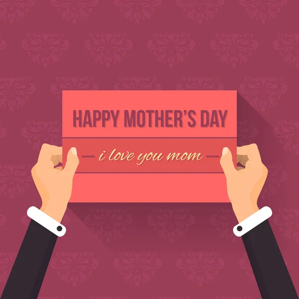 Happy Mother 's Day Lettering, Flat Long Shadow Style Signboard Segure o modelo das mãos —  Vetores de Stock