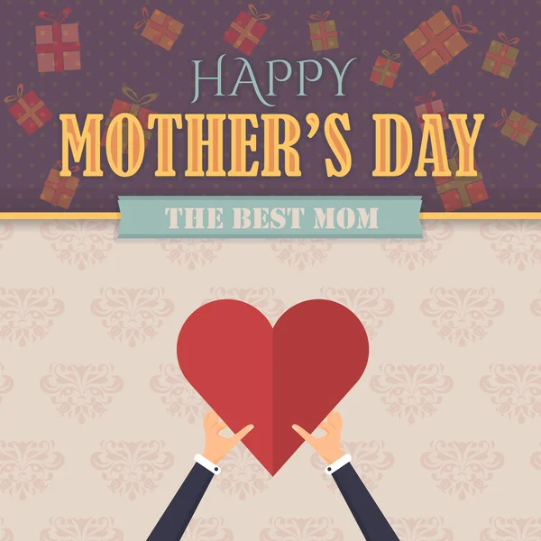 Happy Mother 's Day Vector Design. Poster Pesan Pengumuman dan Perayaan, Flyer. Simbol Hati Pegang Tangan - Stok Vektor