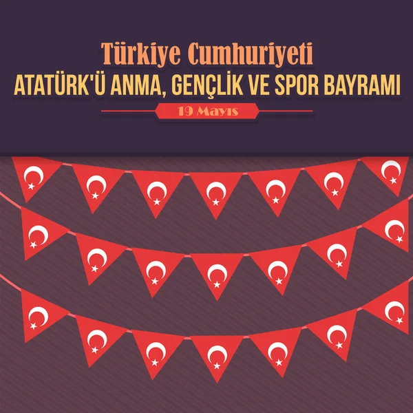 Platte stijl Republiek Turkije viering kaart en groet bericht poster, achtergrond, badges-Engels "herdenking van Ataturk, jeugd en sport dag, mei 19" — Stockvector