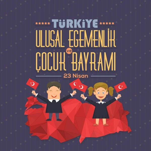 Geometric Style Turkey Map and School Childrens - Anglais "Journée nationale de la souveraineté et de l'enfance, 23 avril " — Image vectorielle
