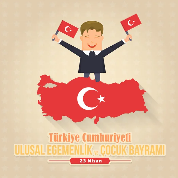 Republic of Turkey Map and Celebration Card, Greeting Message Poster, Background, Badges - English "National Sovereignty and Children's Day, April 23" — Stock Vector