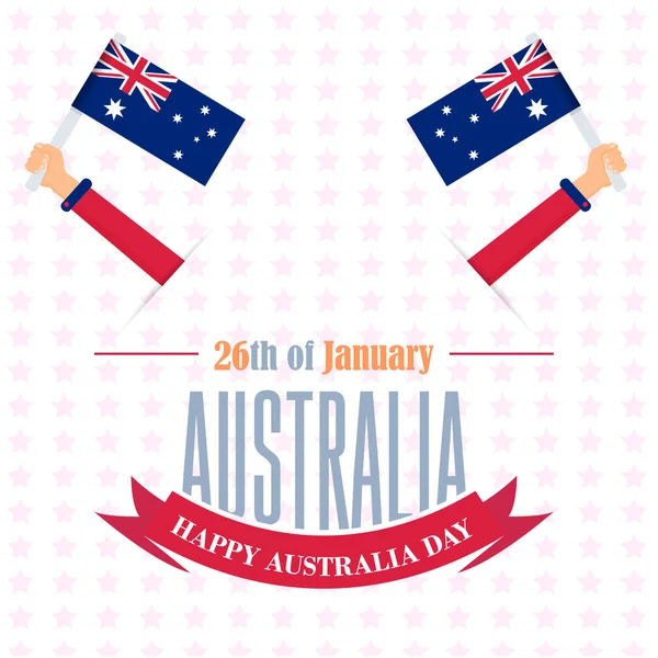 Australia Day Theme, National Celebration Card, Hands Hold Flags Flat Background, Badges Vector Design — Stock Vector