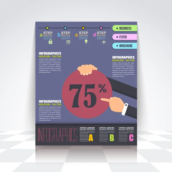 Infografik-Design, Flyer, nummerierte Banner, Icon-Elemente, Imagebroschüre, Marketing-Touch und Konzeptvektordesign 75 Prozent — Stockvektor