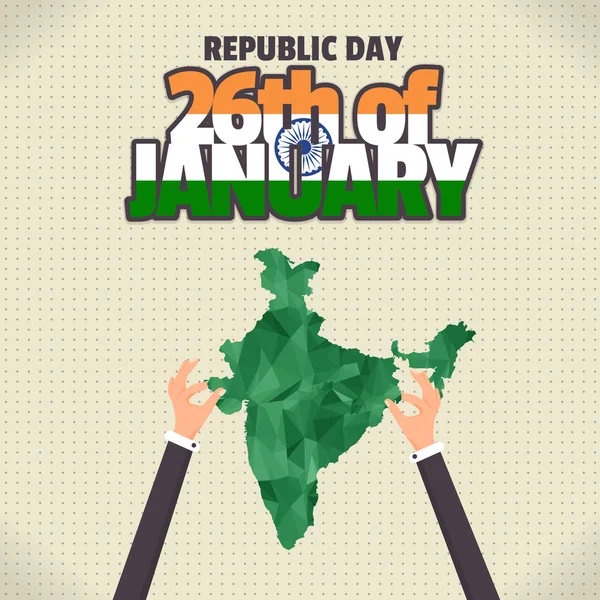 Płaska ilustracja Republiki Indii dzień 26 stycznia. Ręce trzymać Low Poly India map flagi. Narodowa Karta obchodów, odznaki wektor szablon tło — Wektor stockowy