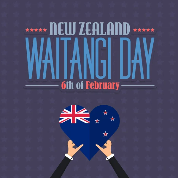 Yeni Zelanda Waitangi Günü Tema, Ulusal Kutlama Kartı, Eller Kalp Tarzı Bayraklar tutun, Düz Arka Plan, Rozetleri Vektör Tasarım — Stok Vektör