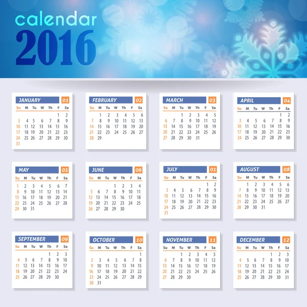 Modèle de calendrier complet vectoriel 2016, la semaine commence lundi — Image vectorielle