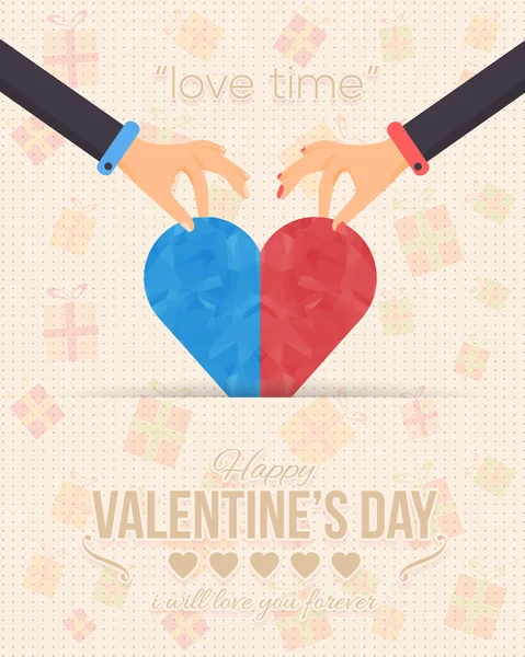 Valentine's Day Flat Vector Design, Hands Hold Heart Symbol. Announcement and Celebration Message Poster, Flyer — Stock Vector