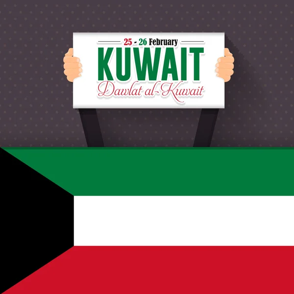 Tarjeta de celebración del Día Nacional y de la Liberación de Kuwait, fondo plano, insignias Plantilla vectorial - Árabe "Dawlat al-Kuwait" en Inglés "Estado de Kuwait " — Vector de stock