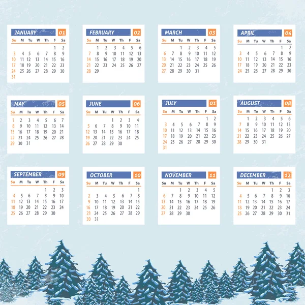 Шаблон полного календаря на 2016 год и эффект ретро на зимний ландшафт, дизайн рекламных плакатов - неделя начинается в воскресенье — стоковый вектор