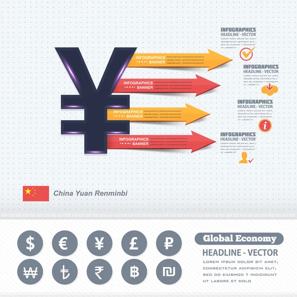 China Yuan, symbol jüanu, návrh obchodní informační grafiky, barevné šipky — Stockový vektor
