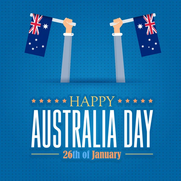 Vector Australia Day Theme, National Celebration Card, Hands Hold Flags Background, Badges Design — Stock Vector