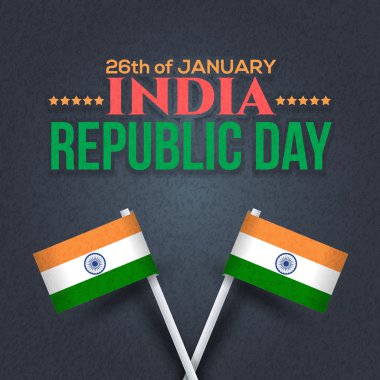 Hindistan Bayrakları ve Cumhuriyet Bayramı 26 Ocak Kutlama Kartı, Karanlık Arka Plan, Rozetler Vektör Şablonu
