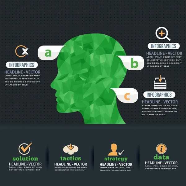 Πράσινα χρώματα πολυγωνικά σχέδια ανθρώπινου κεφαλιού, στοιχεία γραφικών πληροφοριών — Διανυσματικό Αρχείο
