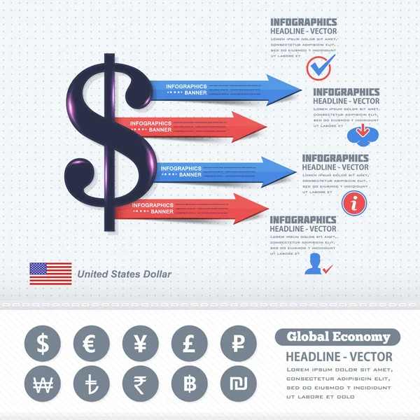 Símbolo del dólar estadounidense, Diseño de Infografías de Negocios, Flechas coloridas — Archivo Imágenes Vectoriales