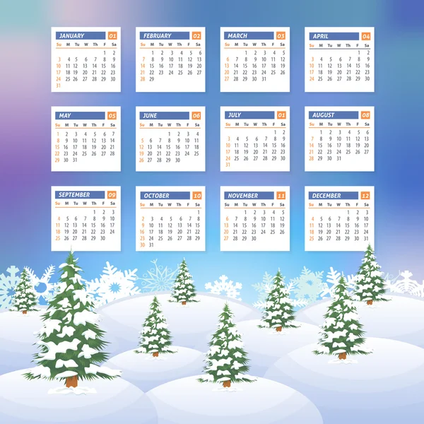 2016 Modelo de Calendário Completo e Fundo Paisagem de Inverno, Promoção Poster Vector Design - Semana começa domingo — Vetor de Stock