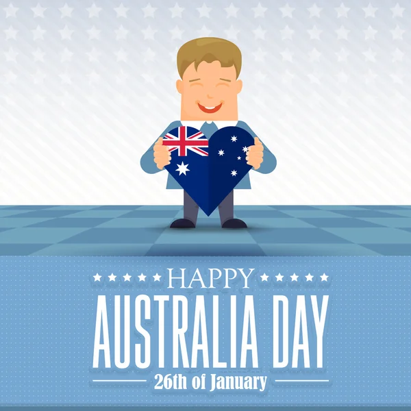 Australia Day National Celebration Card. Boy Hold Heart Style Australia Flag — Stock Vector