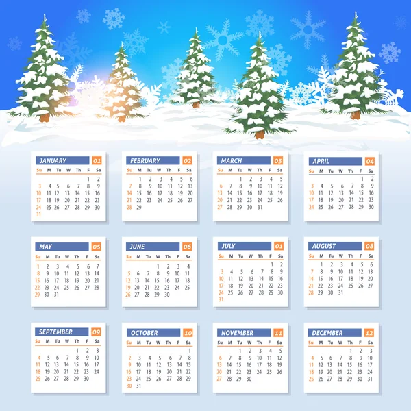 Modello di calendario completo 2016 e sfondo paesaggio invernale, Promozione Poster Vector Design - La settimana inizia Domenica — Vettoriale Stock