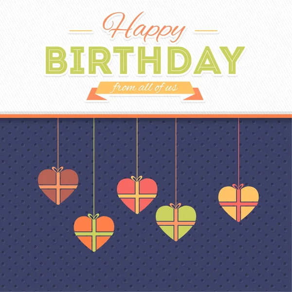 Cajas de regalo colgantes estilo corazón Feliz cumpleaños Vector Design. Anuncio y Mensaje de Celebración Poster — Archivo Imágenes Vectoriales