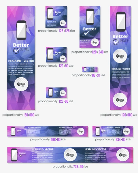 Couleurs violettes fond abstrait bas poly, Business Standard 10 tailles site bannières modèle grand ensemble — Image vectorielle