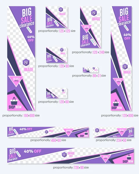 Violet kleuren grote verkoop Clearance business standaard 10 maten website banners sjabloon grote collectie — Stockvector