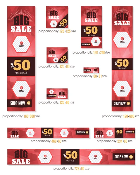 Κόκκινα χρώματα χαμηλό πολυ αφηρημένο φόντο. Μεγάλη πώληση ιδέα Business Standard 10 μεγέθη banner ιστοσελίδα πρότυπο μεγάλο σύνολο — Διανυσματικό Αρχείο