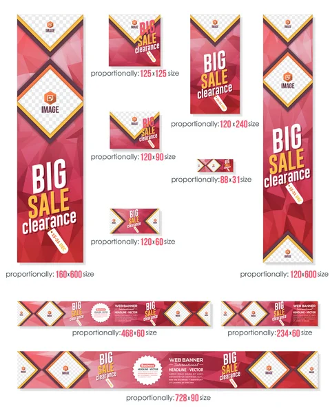 Big Sale Clearance Concept Business Standard 10 Sizes Website Banners Template Big Set. Red Colors Low Poly Abstract Backgrounds — Stock Vector