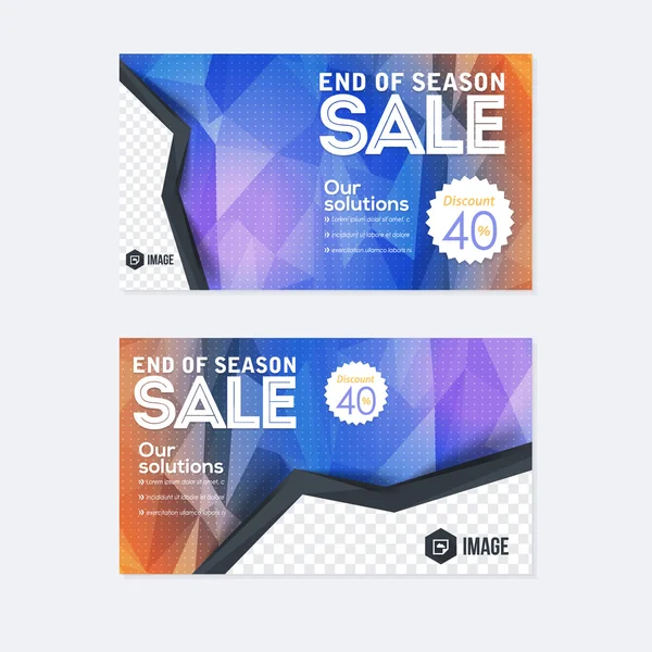 Veelhoekige website banner, horizontale header design, einde van het seizoen verkoop korting, achtergrond sjabloon — Stockvector