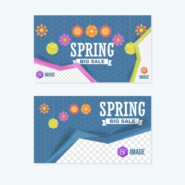 春季销售折扣。五颜六色的花朵插图。网站横幅，水平标题设计 — 图库矢量图片