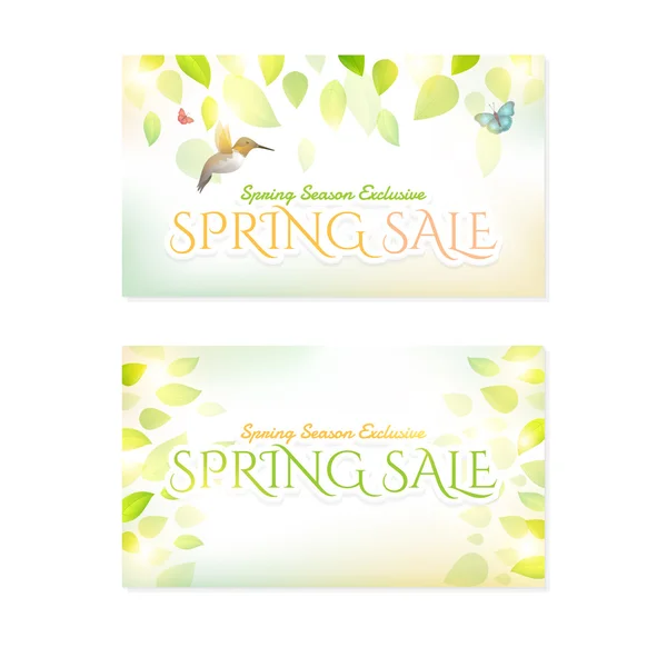 Groene bladeren vallende website banner, horizontale header design, lente seizoen verkoop achtergrond sjabloon — Stockvector