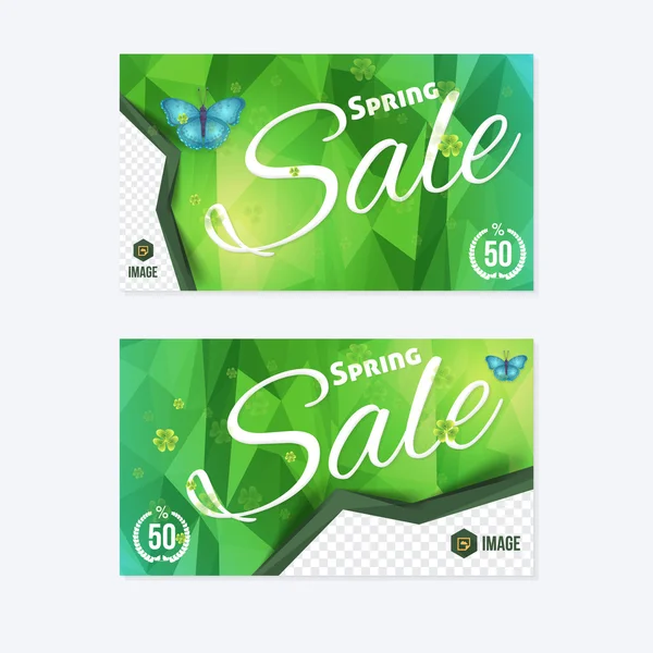 Low Poly Website Banner, Horizontal Header Design, Spring Season Sale Discount, Background Template — Stock Vector