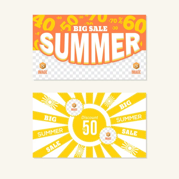 Platte stijl zomer grote verkoop thema Web banner set, horizontale reclame achtergrond ontwerp — Stockvector