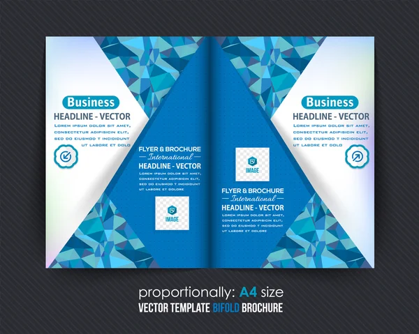 Blue Colors Business Bi-Fold Brochure Design. Corporate Leaflet, Cover Template, Low Poly Elements and Blurred Background — Stock Vector