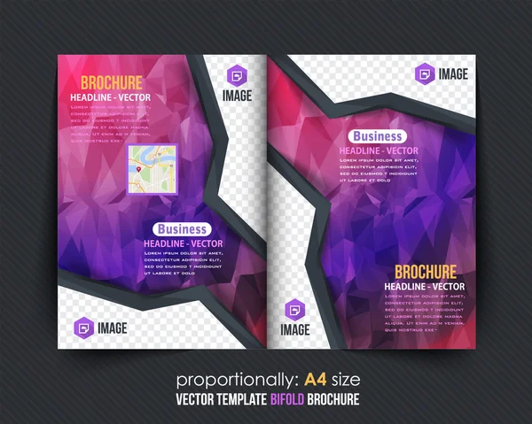 Couleurs violettes Low Poly Elements Style Business Bi-Fold Brochure Design. Dépliant d'entreprise, modèle de couverture — Image vectorielle