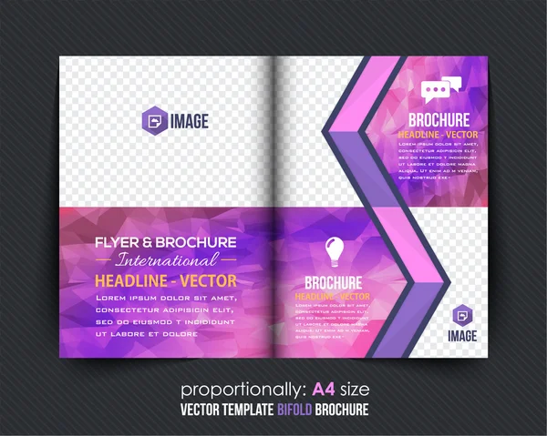 Violet färger låg Poly Elements stil Business bi-Fold broschyr design. Företagsbroschyr, omslags mall — Stock vektor