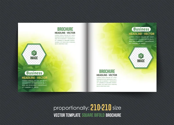 Gröna färger låg Poly Elements kvadrat bi-faldig broschyr design. Företagsbroschyr, omslags mall — Stock vektor