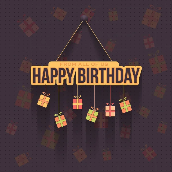 Feliz cumpleaños Vector Design. Anuncio y Mensaje de Celebración Cartel, Folleto Estilo Plano Colgante Cajas de Regalo Elementos — Archivo Imágenes Vectoriales