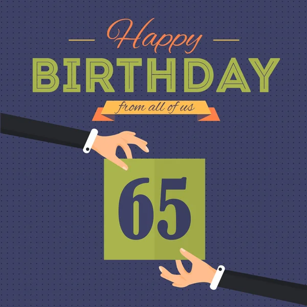 Platte stijl gelukkig verjaardag vector ontwerp. Aankondiging en wenskaart, viering bericht poster, flyer leeftijd 65 — Stockvector