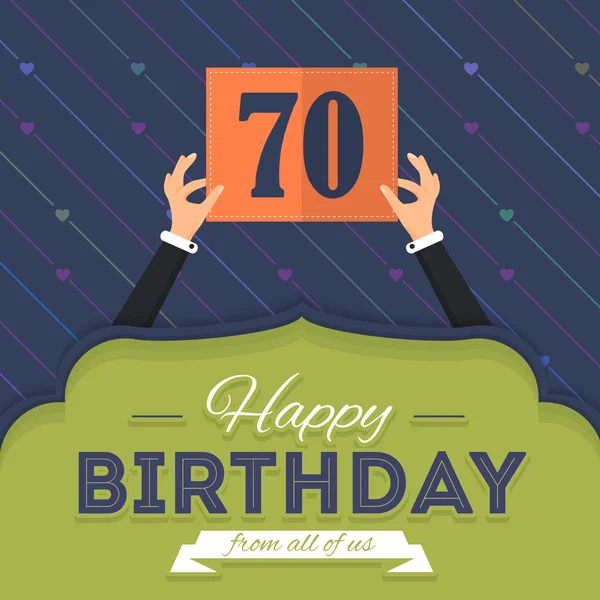 Feliz cumpleaños Vector Design. Anuncio y Mensaje de Celebración Cartel, Volante Estilo Plano Edad Setenta — Vector de stock