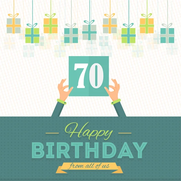 Gelukkig verjaardag vector ontwerp. Opknoping geschenkdozen, aankondiging en viering bericht poster, flyer sjabloon. Leeftijd 70 — Stockvector