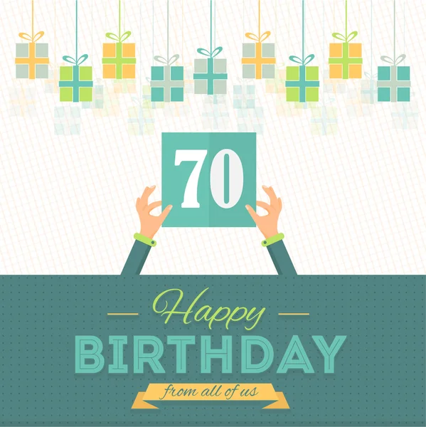 Feliz Aniversário Vector Design. Caixas de presente penduradas, anúncio e cartaz de mensagem de celebração, modelo de panfleto. Idade 70 —  Vetores de Stock