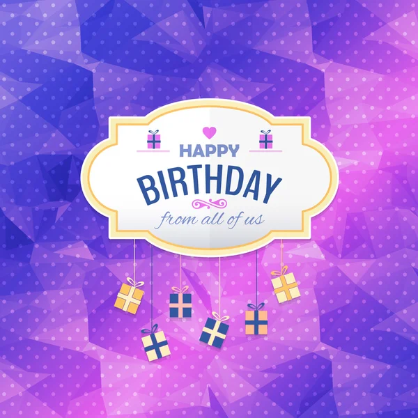 Texto con estilo Feliz cumpleaños y cajas de regalo colgantes en multicolor diseño de fondo poligonal — Vector de stock